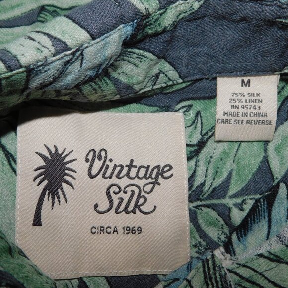 Vintage Silk Mens M Gray Green White Floral Hawaiian Silk Linen Blend Shirt - Picture 4 of 10